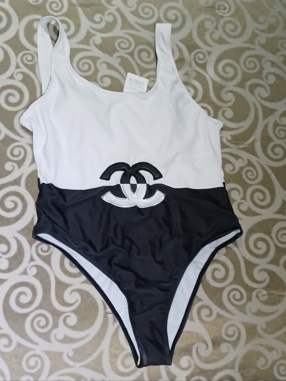 White and Black One-Piece Swimsuit with Logo